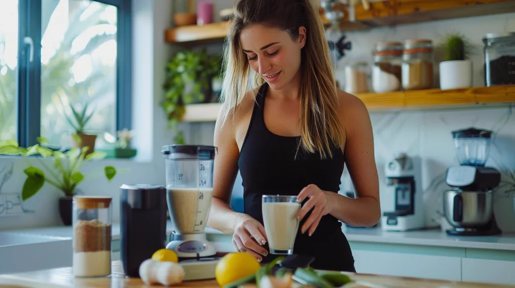 Frau bereitet in der Küche einen Mahlzeitenersatz-Shake zu