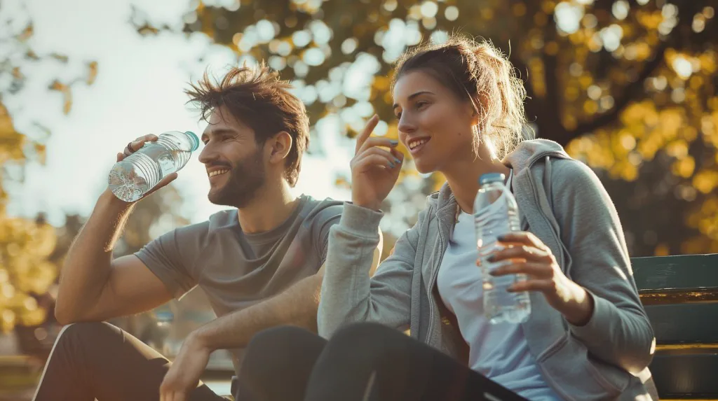 Zwei sportliche Personen trinken Wasser nach dem Training im Park