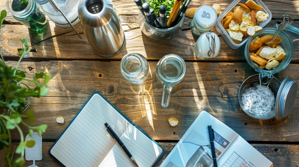 Tagesroutine mit Wasser, Notizen und geplanter Nährstoff-Einnahme